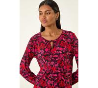 Roman Originals Printed Shirred Tie Neck Top for Women UK - Ladies Everyday Autumn Winter Round Neckline Comfy Soft Evening Vacation Work Party Night Out - Pink Noir - Size 12