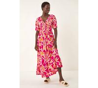 Roman Originals Floral V-Neck Shirred Maxi Dress for Women UK - Ladies Everyday Holiday Spring Summer V-Neckline Comfy Soft Evening Vacation Work Party - Pink - Size 12