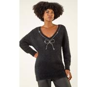 Roman Originals Fluffy Sparkly Bow Knit Jumper for Women UK - Ladies Everyday Autumn Winter V-Neckline Comfy Soft Evening Vacation Work Party Night Out - Black - Size 10