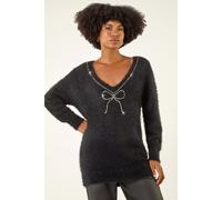 Roman Originals Fluffy Sparkly Bow Knit Jumper for Women UK - Ladies Everyday Autumn Winter V-Neckline Comfy Soft Evening Vacation Work Party Night Out - Black - Size 14