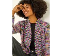 Roman Originals Women Fluffy Cardigan Ladies Winter Cardi Longline Edge to Edge Ombre Coatigan Casual Sparkly Glittery Jacket Knitwear Knitted Autumn Fleecy Cosy Soft Coats - Purple Blue - Size 10