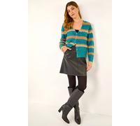 Roman Originals Colour Block Fluffy Knit Cardigan for Women UK - Ladies Everyday Autumn Winter V-Neckline Comfy Soft Evening Vacation Work Party Night Out - Teal - Size 14