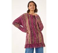 Roman Originals Fluffy Tassel Hem Knit Jumper for Women UK - Ladies Everyday Autumn Winter Round Neckline Comfy Soft Evening Vacation Work Party Night Out - Maroon - Size 16