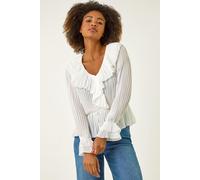 Roman Originals Frill Pleated Peplum Blouse for Women UK - Ladies Everyday Holiday Spring Summer V-Neckline Comfy Soft Evening Vacation Work Party - Ivory - Size 18