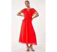 Roman Originals Frill Tie Neck Maxi Dress for Women UK - Ladies Everyday Holiday Spring Summer V-Neckline Comfy Soft Evening Vacation Work Party - Red - Size 10