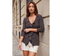 Roman Women's Frill Trim Ribbed Knit Top in Charcoal | Size: 20