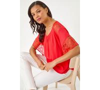 Roman Women's Gathered Lace Insert Sleeve Top in Coral | Size: 12 Roman Coral 12