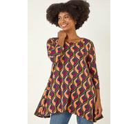 Roman Women's Geo Print Hanky Hem Stretch Top in Orange | Size: 16 Roman Orange 16