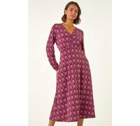 Roman Women's Geo Print V-Neck Stretch Midi Dress in Red | Size: 10