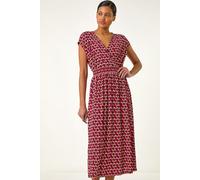 Roman Geo Print V-Neck Stretch Midi Dress for Women UK - Ladies Spring Everyday Summer Holiday Ruched Detail Comfy Cap Sleeve Soft Fit & Flare Frock Day Out Gowns - Red - Size 18