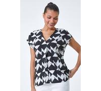 Roman Women's Geometric Crinkle Textured V-Neck Top in Black | Size: 10 Roman Black 10