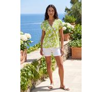 Roman Geometric Crinkle Textured Top for Women UK - Ladies Spring Everyday Summer Holiday V-Neckline Comfy Short Sleeve Soft Pleat Detail Shirt Vacation Blouses - Lime - Size 12