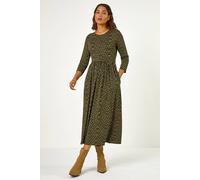 Roman Originals Midi Dress with Pockets for Women UK Ladies Stretchy Jersey Maxi Long 3/4 Length Sleeve Gathered High Waist Boho Flattering Skater Swing Fit Flare - Khaki - Size 18