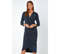 Roman Originals Glitter Print Wrap Midi Stretch Dress for Women UK - Ladies Everyday Autumn Winter V-Neckline Comfy Soft Evening Vacation Work Party Night Out - Royal Blue - Size 12