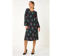Roman Women Gathered Chest Dress Ladies Stretchy Fit & Flare Swing Tea A Line Skater Knee Length Long Sleeve Midi Smart Casual Work Going Out Cocktail Party