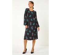 Roman Women Gathered Chest Dress Ladies Stretchy Fit & Flare Swing Tea A Line Skater Knee Length Long Sleeve Midi Smart Casual Work Going Out Cocktail Party - Black Pink Teal - Size 12