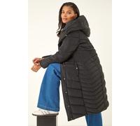 Roman Originals Padded Coat for Women UK - Ladies Longline Puffer Winter Quilted Parka Waterproof Rainproof Wind Resistant Thermal Jacket Long Length Warm Zip Hood Puffa Cosy - Onyx - Size 18