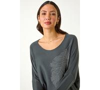Roman Women's Hotfix Feather Stretch Knit Top in Grey | Size: Medium Roman Grey M