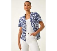 Roman Originals Ikat Print Linen Mix Shirt for Women UK - Ladies Everyday Holiday Spring Summer V-Neckline Comfy Soft Evening Vacation Work Party - Navy - Size 18