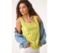 Roman Originals Ikat Print Textured Vest Top for Women UK - Ladies Everyday Holiday Spring Summer Square Neckline Comfy Soft Evening Vacation Work Party - Lime - Size 18