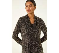 Roman Women's Cowl Neck Long Sleeve Tunic Ladies Lightweight Longline Patterned Top Blouse Snit Autumn Winter Work & Casual Smart Wear Going Out Party Loungewear - Gold - Size 12