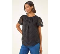 Roman Jacquard Zig Zag Top for Women UK - Ladies Autumn Everyday Winter Holiday Round Neckline Comfy Short Sleeve Soft Low Hemline Shirt Party Dinner Blouses - Black - Size 12