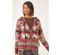 Roman Originals Women Jumper with Hood Ladies Winter Knitted Hoodie with Pockets Fairisle Nordic Aztec Print Hooded Sweater Knit Knitwear Autumn Flattering Casual Smart - Burgundy - Size 20
