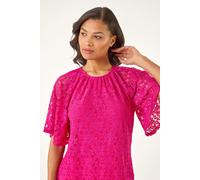 Roman Originals Lace Angel Sleeve Top for Women UK - Ladies Everyday Holiday Spring Summer Round Neckline Comfy Soft Evening Vacation Work Party - Magenta - Size 16