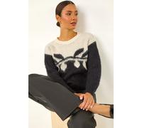 Roman Leaf Jacquard Crew Neck Knit Jumper for Women UK - Ladies Autumn Everyday Winter Holiday Round Neckline Comfy Long Sleeve Soft Feel Warm Sweater Work Office Tops - Black - Size 12