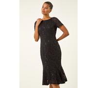 Roman Women's Leaf Lace Sequin Midi Dress in Black | Size: 18 Roman Black 18