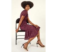 Roman Originals Floral Lace Overlay Dress for Women UK - Ladies Luxury Ball Gown Shift Midi Lined Knee Length Stretch Formal Wedding Guest Party Evening - Burgundy - Size 20