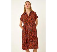Roman Originals Leaf Print Collared Smock Dress for Women UK - Ladies Everyday Holiday Spring Summer Shirt Style Collar Comfy Soft Evening Vacation Work Party - Rust - Size 16