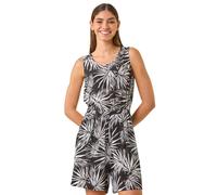 Roman Leaf Print Crinkle Playsuit for Women UK - Ladies Spring Everyday Summer Holiday Round Neckline Comfy Sleeveless Soft Knee Length Day Out Jumpsuits - Black - Size 18