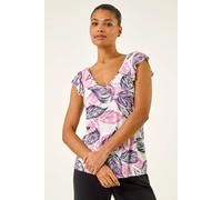 Roman Women's Leaf Print Frill Stretch Top in Pink | Size: 10 Roman Pink 10