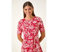 Roman Originals Women Asymmetric Top Ladies Hanky Hem Blouse Stretchy Tunic Occasion Smart Casual Summer Sprint Winter Autumn Cocktail Party Evening 3/4 Short Sleeve - Pink Floral - Size 20