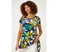 Roman Originals Hanky Hem Tunic Top for Women UK - Ladies Longline Blouse Asymmetric Hemline Short Sleeves Casual Slouch Loose Summer Spring Relaxed Comfortable - Yellow Leaf - Size 12