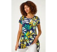 Roman Originals Hanky Hem Tunic Top for Women UK - Ladies Longline Blouse Asymmetric Hemline Short Sleeves Casual Slouch Loose Summer Spring Relaxed Comfortable - Yellow Leaf - Size 16