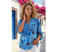 Roman Pleat Front Top for Women UK Ladies Pleated Shirt Notch V Neck Blouse Summer Tunic Spring Pull-On Comfy Soft Evening Holiday Vacation Work Party Everyday - Blue Leaf - Size 10