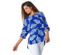 Roman Originals Leaf Print Relaxed Tunic Top for Women UK - Ladies Everyday Autumn Winter Round Neckline Comfy Soft Evening Vacation Work Party Night Out - Blue - Size 16