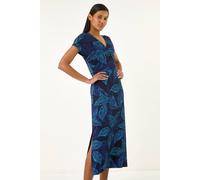 Roman Originals Floral Print Dress for Women UK Ladies Sweetheart Neck Ruched Midi Maxi Long Length Short Sleeve Flattering Casual Summer Spring Party Evening Going Out - Navy Leaf - Size 12