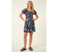 Roman Women's Leaf Print Shirred Short Dress | Size: 16 Roman Multicolor 16