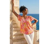 Roman Originals Leaf Print Shirred V-Neck Top for Women UK - Ladies Everyday Holiday Spring Summer V-Neckline Comfy Soft Evening Vacation Work Party - Pink - Size 20