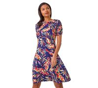 Roman Leaf Print Short Dress for Women UK - Ladies Spring Everyday Summer Holiday Round Neckline Comfy Knee Length Soft Fit & Flare Frock Day Out Gowns - Navy - Size 12