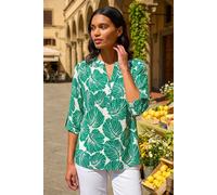 Roman Shirt for Women UK Ladies Top Collarless Blouse Stretchy Tunic Smart Casual Autumn Winter Jersey 3/4 Length Sleeve Notch V Neck Flattering Office Work - Green Floral - Size 12