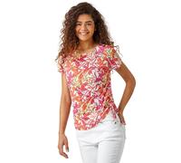 Roman Originals Leaf Print Side Tie Stretch Top for Women UK - Ladies Everyday Holiday Spring Summer Round Neckline Comfy Soft Evening Vacation Work Party - Pink - Size 20