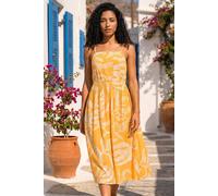 Roman Leaf Print Strap Midi Dress for Women UK - Ladies Spring Everyday Summer Holiday Square Neckline Comfy Sleeveless Soft Fit & Flare Frock Day Out Gowns - Yellow - Size 20