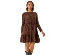 Roman Originals Leaf Print Stretch Dress for Women UK - Ladies Everyday Autumn Winter Round Neckline Comfy Soft Evening Vacation Work Party Night Out - Rust - Size 12