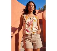 Roman Women's Leaf Print Textured Tie Front Blouse in Natural | Size: 20 Roman Natural 20