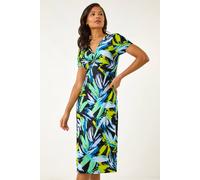 Roman Women's Leaf Print Twist Front Midi Dress in Blue | Size: 10 Roman Blue 10