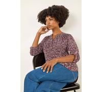 Roman Shirt for Women UK Ladies Top Collarless Blouse Stretchy Tunic Smart Casual Autumn Winter Jersey 3/4 Length Sleeve Notch V Neck Flattering Office Work - Burgundy Leaf - Size 10